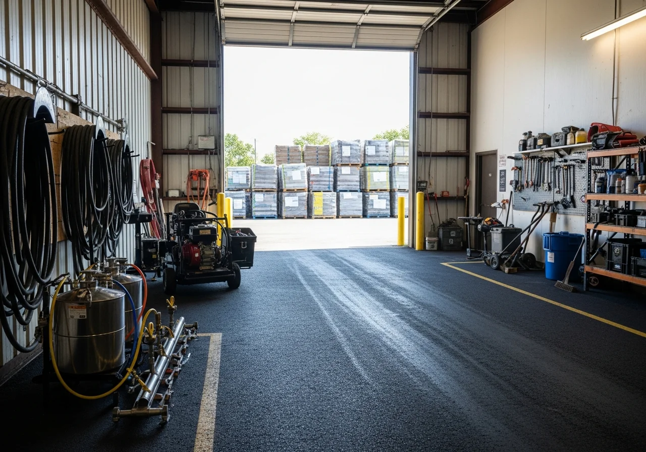 Professional asphalt crew with sealcoating equipment and tools ready for driveway and parking lot service.