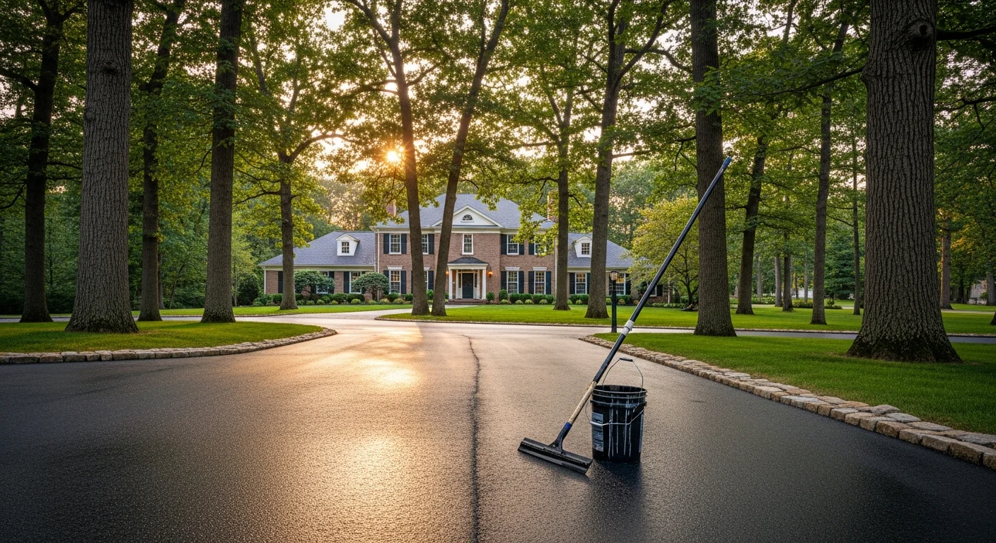 Professional asphalt sealcoating and maintenance work on a residential driveway