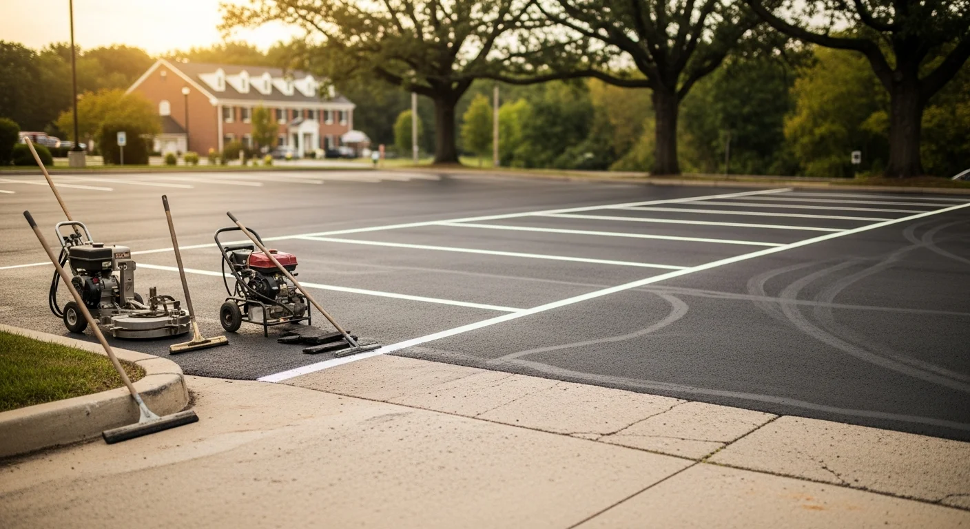 Commercial parking lot with fresh line striping and sealcoat