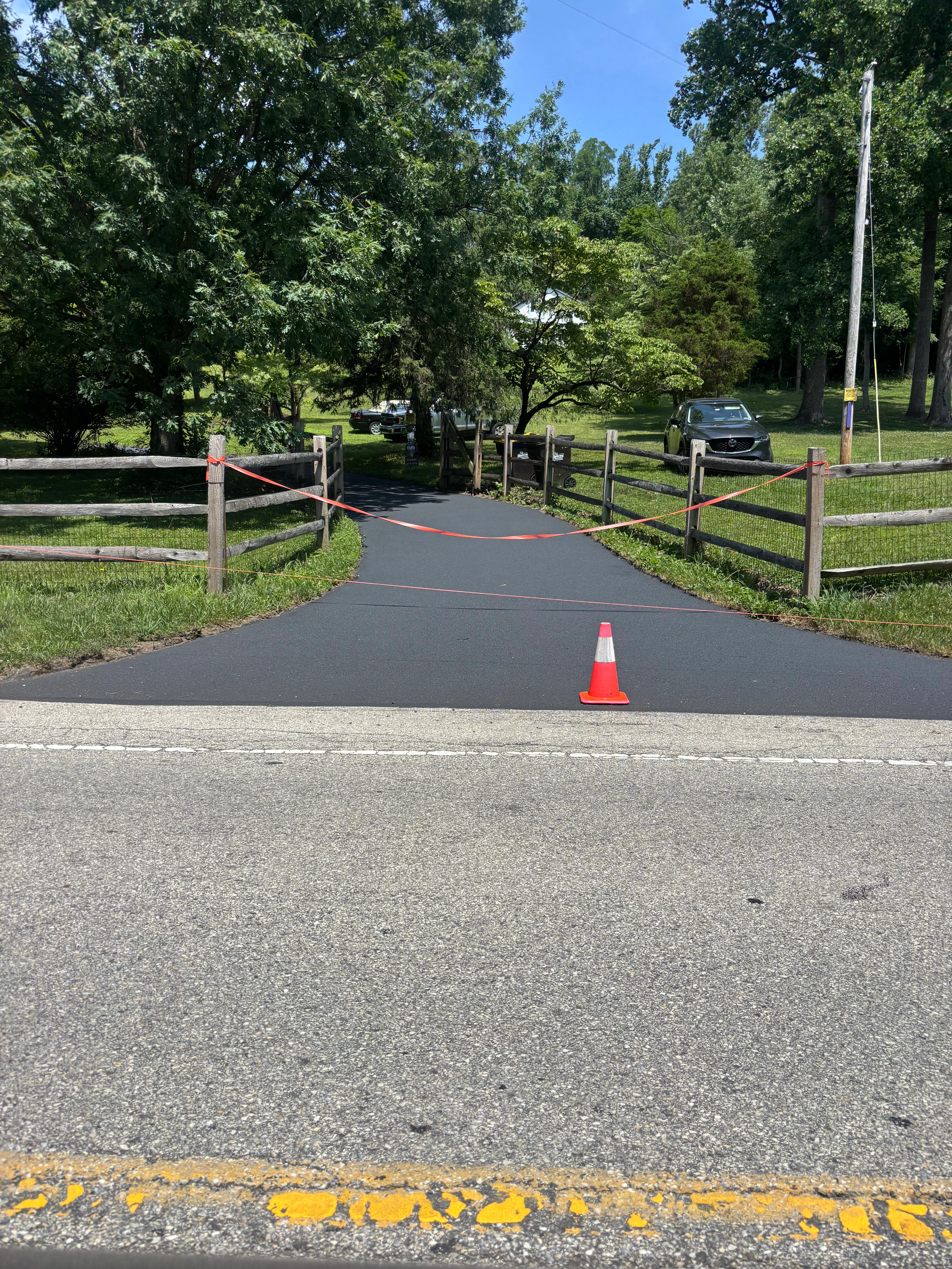 Freshly sealed asphalt driveway with wooden fencing and mature trees