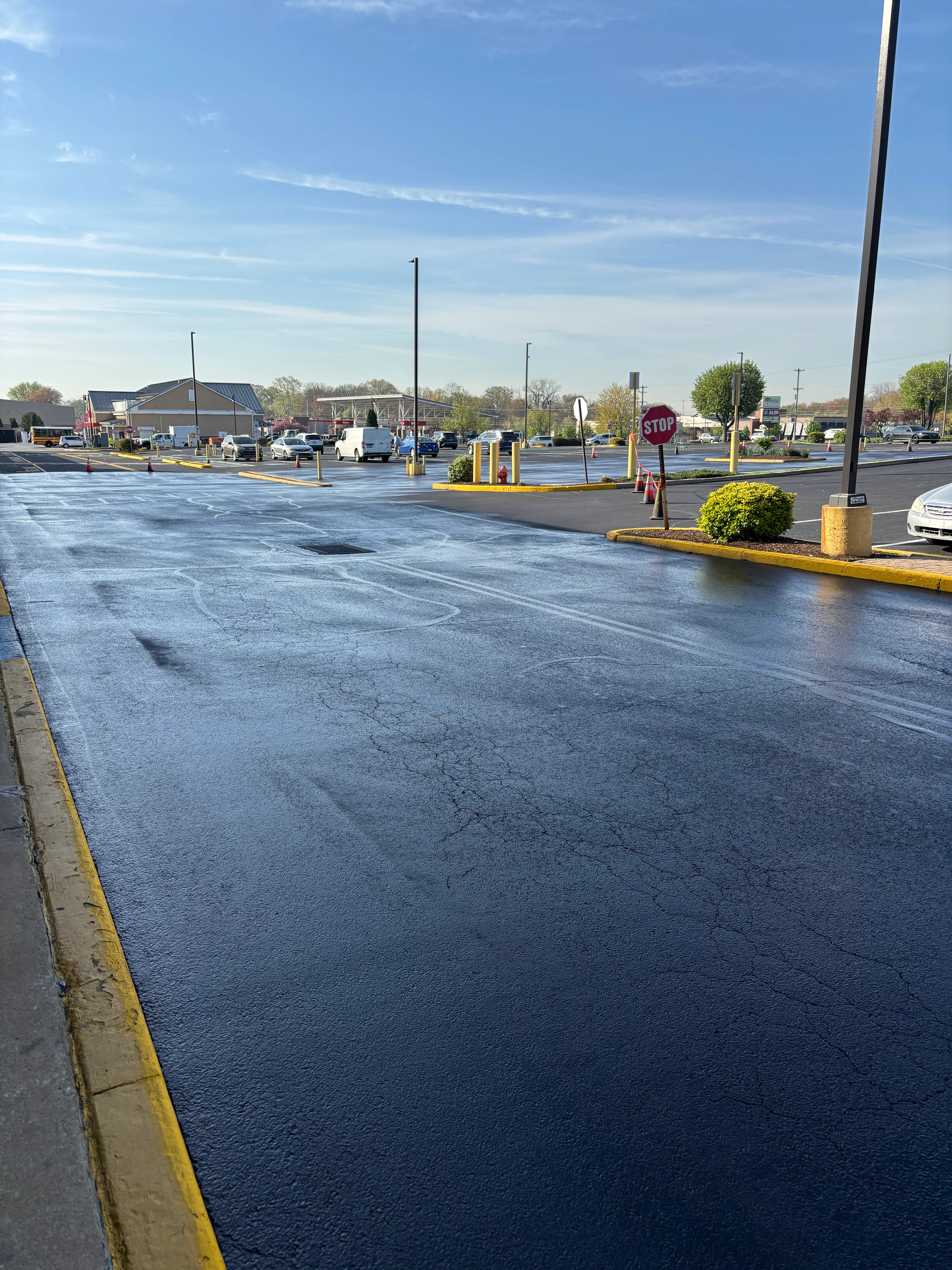 Freshly sealcoated commercial parking lot with yellow line markings and curbing