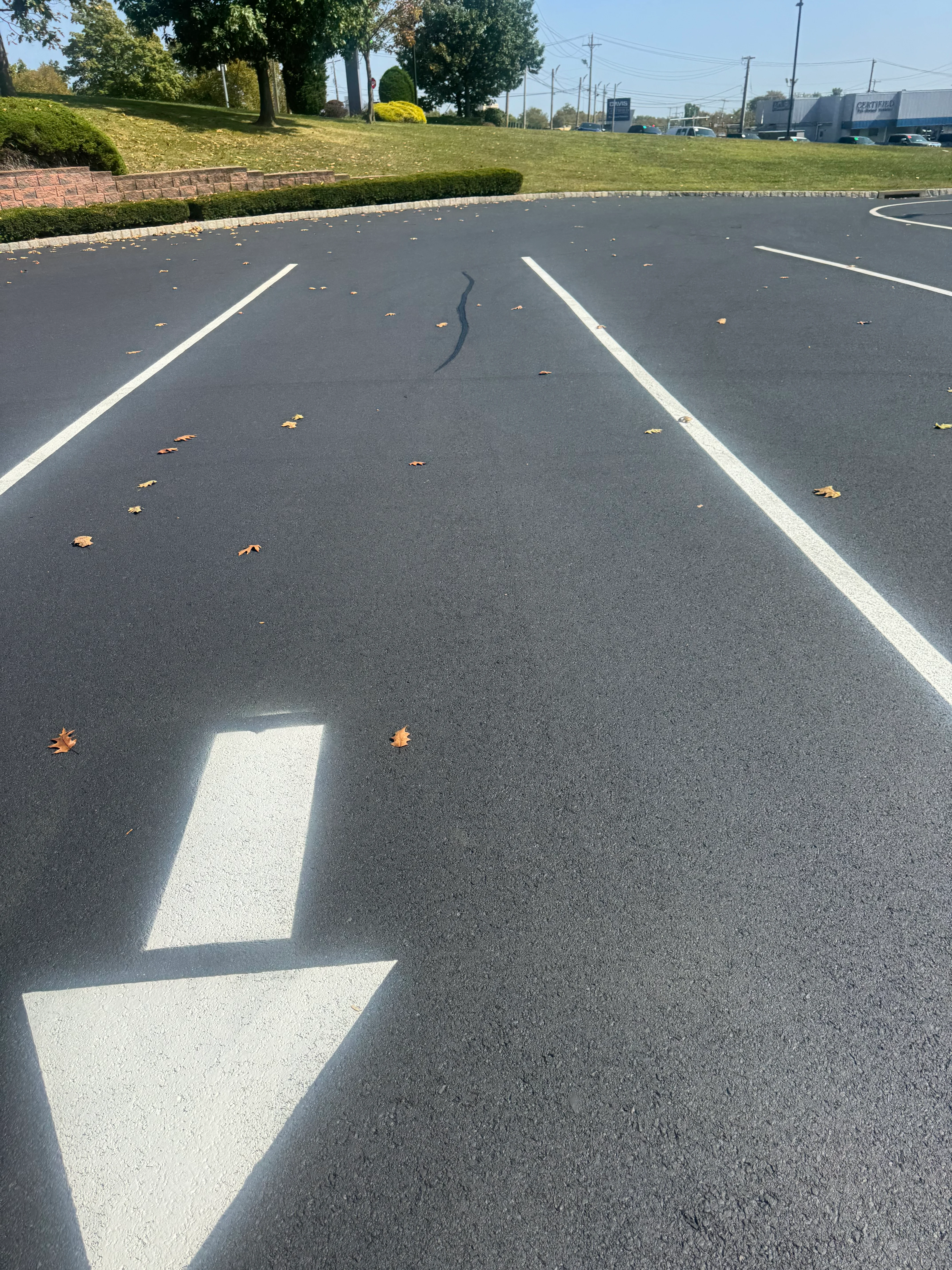 Newly striped asphalt parking lot with white directional lines and parking space markings