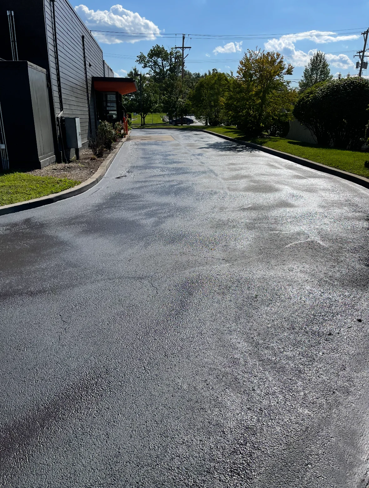 Freshly sealed commercial asphalt driveway with black edge borders and manicured landscaping