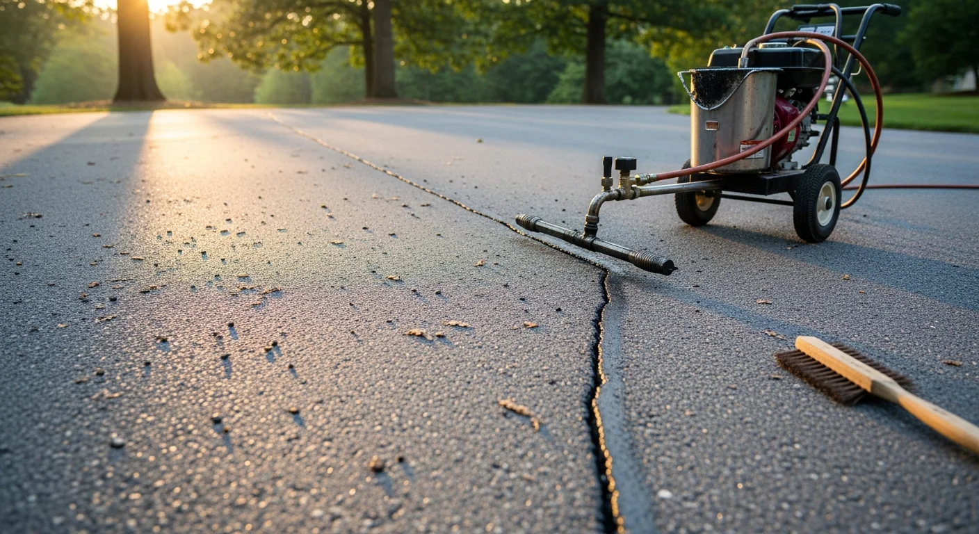 A sealed asphalt driveway on a residential property in Villanova, PA, showing filled cracks with dark sealant applied along the surface. The driveway leads to a home with mature trees lining the edges of the pavement.