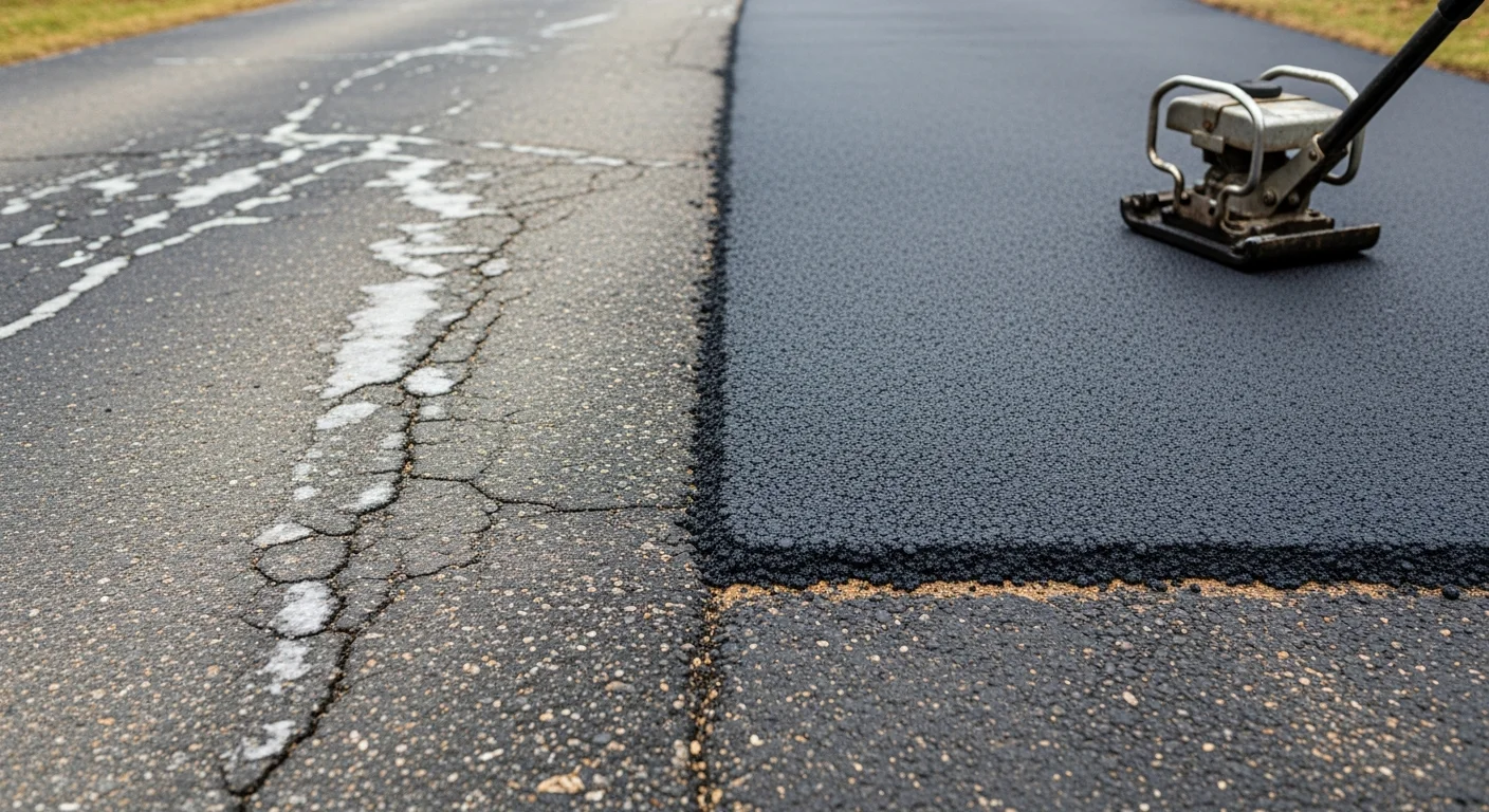 Close-up of a freshly patched asphalt driveway on a residential property in Villanova, PA, showing a smooth, level repair flush with the surrounding pavement surface. The repaired section sits in front of a traditional Main Line-style home with a two-car garage.