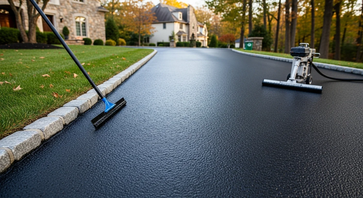 A freshly sealcoated asphalt driveway at a Villanova, PA residential property showing a uniform dark finish and clean edges. The driveway leads to a multi-car garage on a large Main Line lot with mature trees along the border.