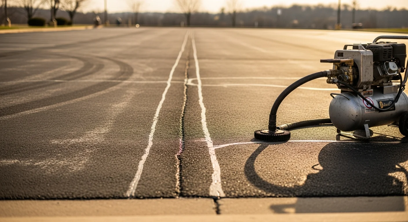 A freshly crack-repaired commercial asphalt parking lot in Villanova, PA, showing sealed linear cracks with dark filler material flush with the surrounding pavement surface. The lot is empty and dry, with clean pavement edges visible under clear daylight.