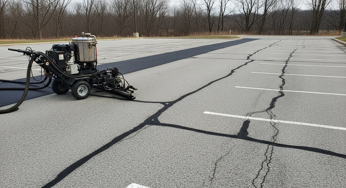 A freshly crack-sealed commercial parking lot in Villanova, PA, showing dark, filled crack lines across gray asphalt with clear lane markings visible. Close-up view of sealed asphalt surface after Hopson Seal-A-Lot parking lot crack sealing service.