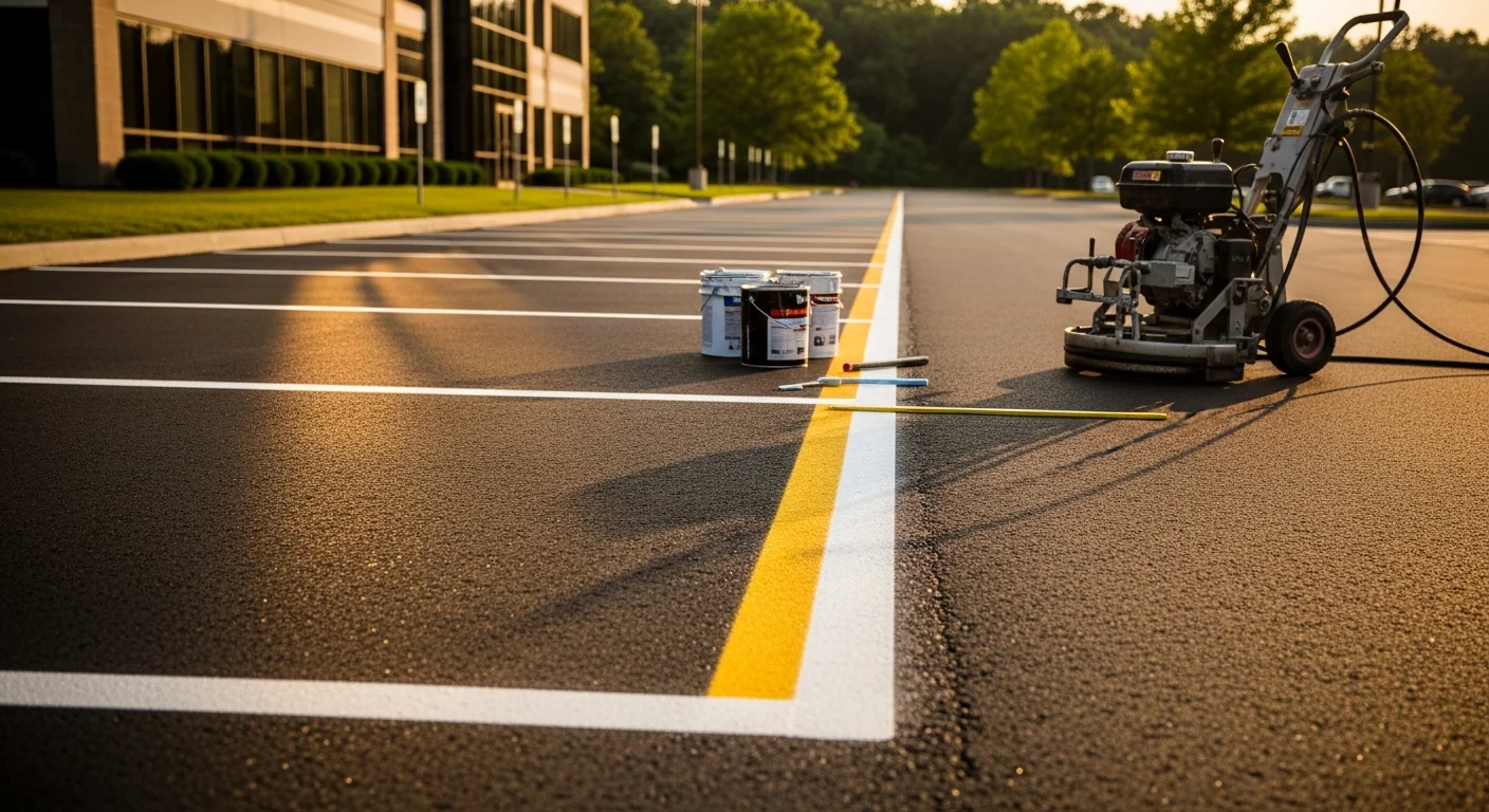 Freshly painted white parking lot stall lines and ADA-accessible space markings on a commercial asphalt lot in Villanova, PA. The lot shows crisp directional arrows and clearly defined drive lanes typical of a Main Line office or retail property.
