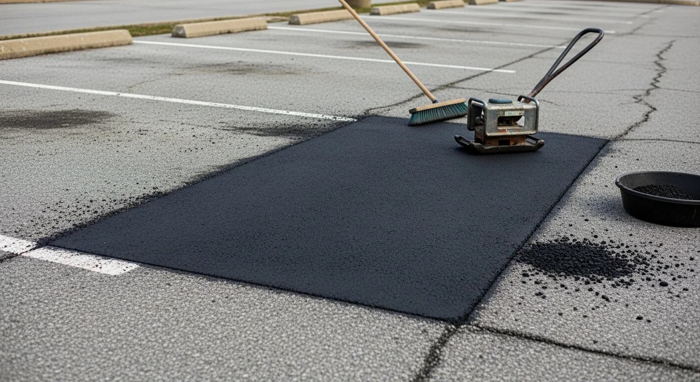 A freshly patched asphalt parking lot section in Villanova, PA, showing a smooth, compacted repair area surrounded by existing pavement. The repaired pothole is level with the lot surface, with clean edges where damaged material was removed and replaced.