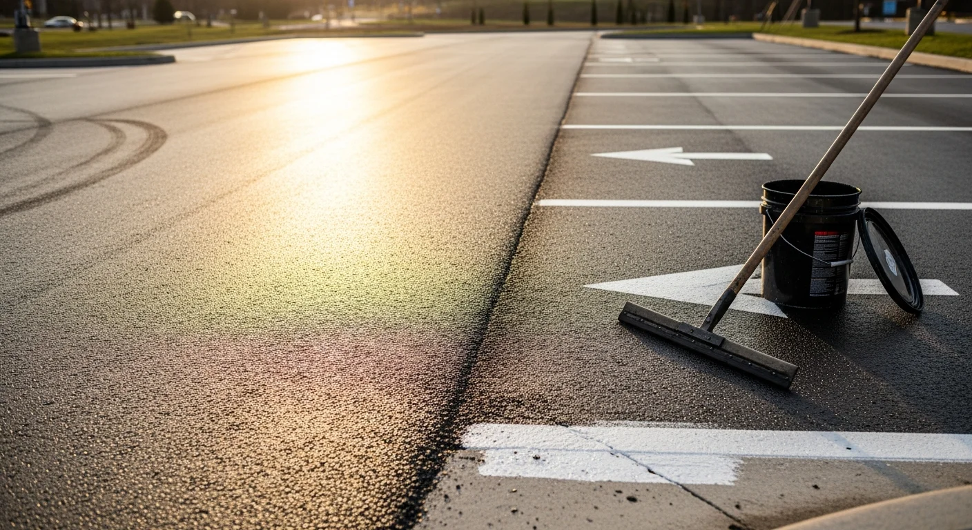 A freshly seal coated commercial parking lot in Villanova, PA with a deep black asphalt surface and newly painted white parking stall lines. The lot is clean, crack-free, and clearly marked for vehicle traffic.