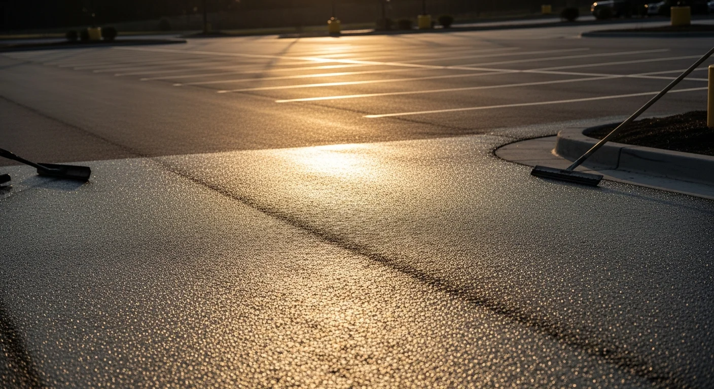 Freshly sealcoated commercial parking lot in Villanova, PA with a uniform dark finish and newly painted white parking lines. The lot surface shows no visible cracking or fading after professional asphalt sealcoating by Hopson Seal-A-Lot.